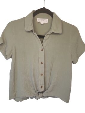 Hippie Rose Light Sage Tie-Front 100% Gauze Camp Short Sleeve Top/Shirt Size S